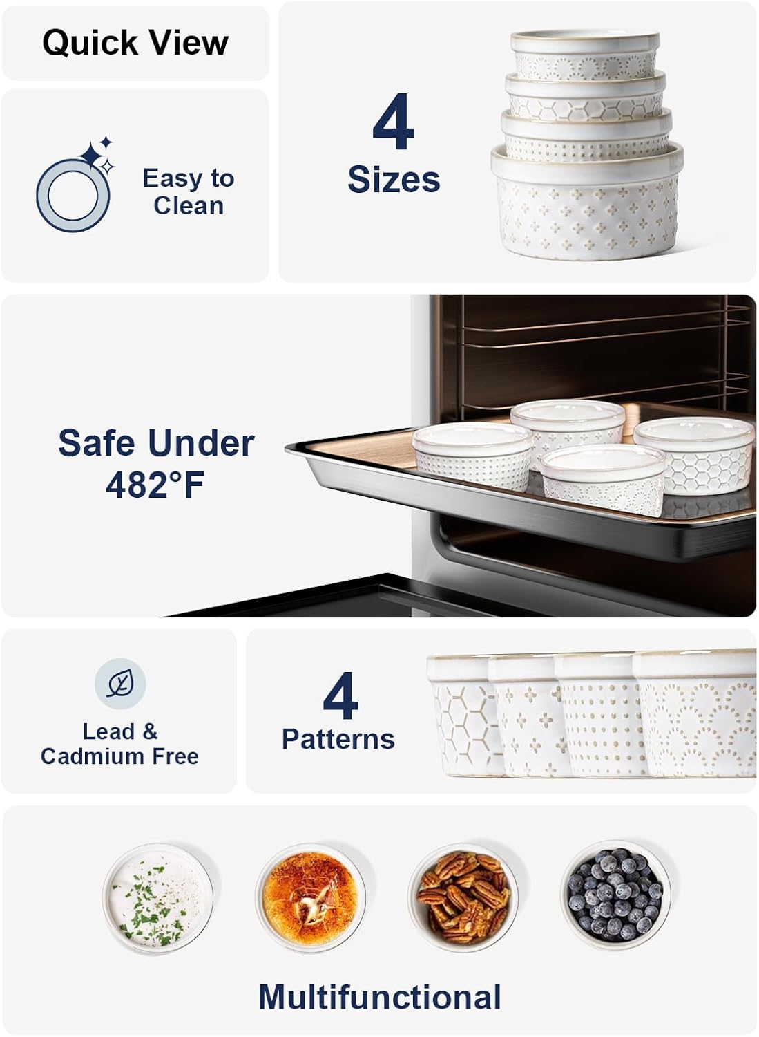 LE TAUCI Ramekins 6 oz, Ramiken for Creme Brulee, Lava Cake,Pudding, Souffle, Small Sauce Bowl,Ceramic Baking Dishes- 4 inch, Set of 4, Arctic White