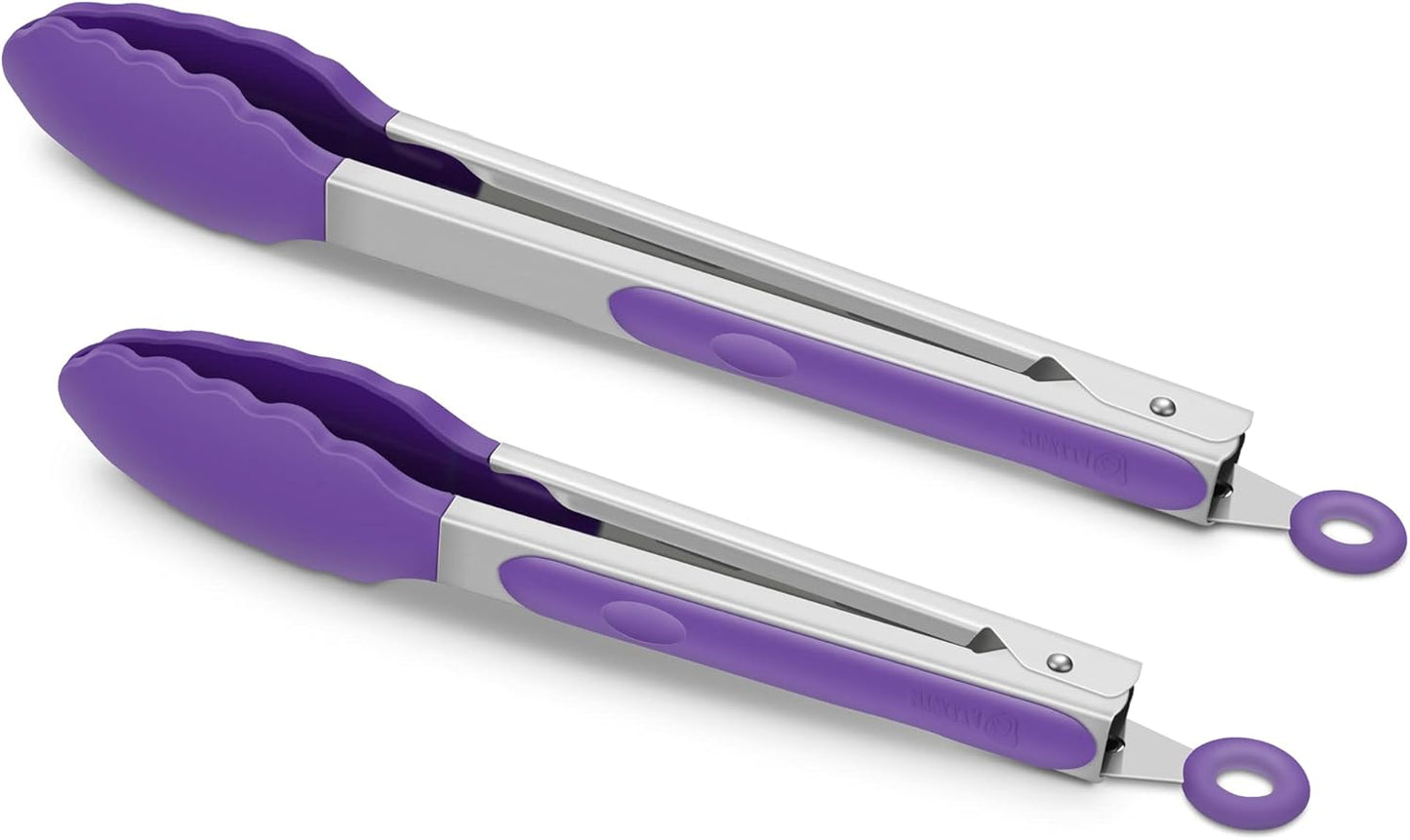 Set of 2 Kitchen Tongs 9-Inch & 12-Inch, Premium Stainless Steel BPA Free Silicone Non-Stick Grilling Barbeque Cooking Locking Food Tongs, Purple
