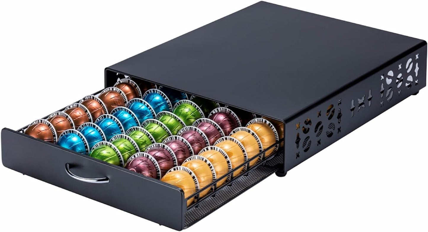 ZCDCP Nespresso Pod Holder Vertuo pod Storage Drawer Black Metal Coffee Pod Holder for Vertuoline Capsule Orgainzer 50 Pods