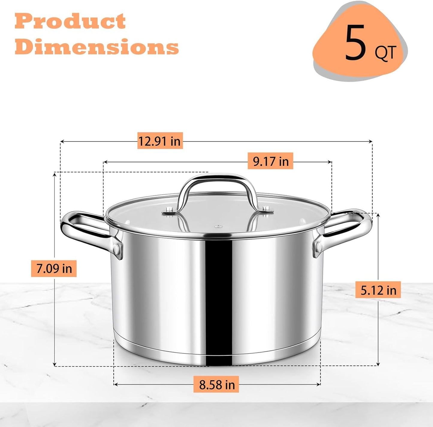 P&P CHEF 5 Quarts Cooking Stock Pot with Lid, Stainless Steel Stockpot Induction Pot for Soup, Tri-Ply Bottom & Clear Glass Lid & Double Handle, Dishwasher Safe