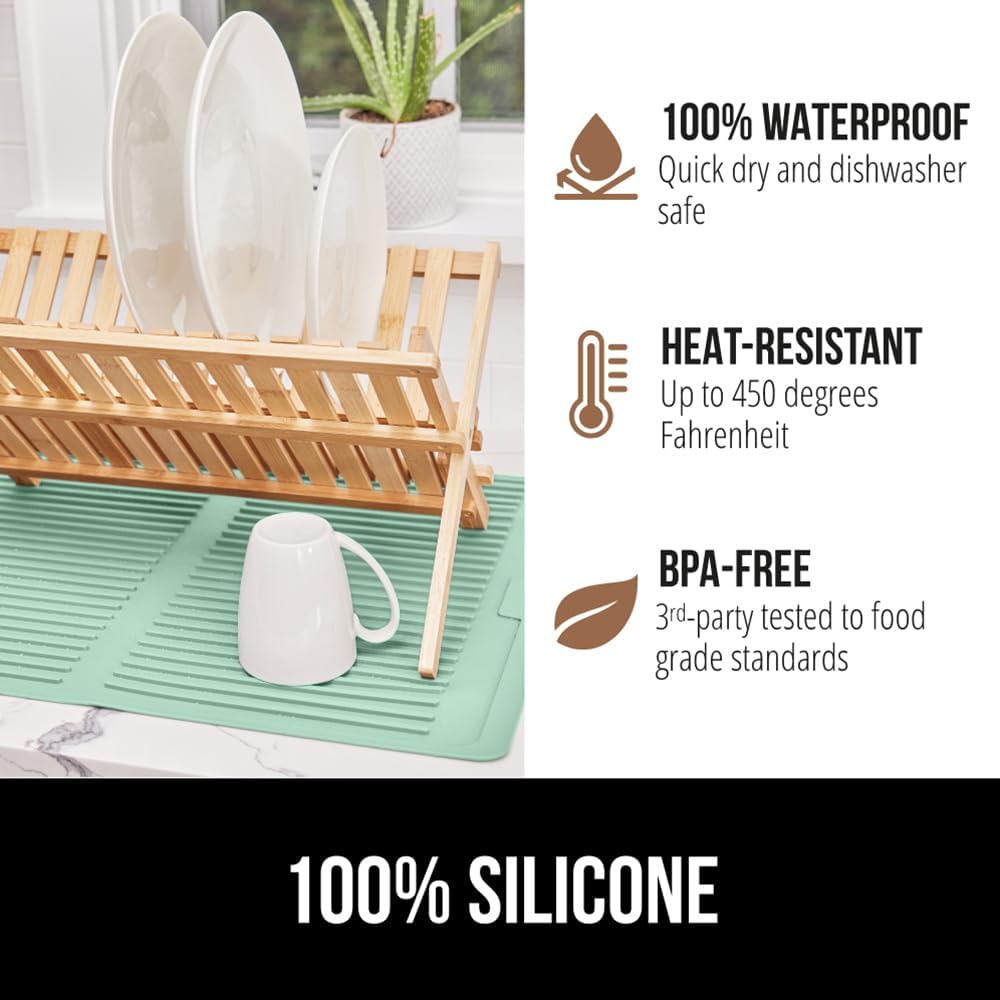 GORILLA GRIP 100% BPA-Free Patented Silicone Dish Drying Mat for Kitchen Counter, Water Catching Ribbed Design, Easy Clean Waterproof Sink Liner, Heat Resistant, Fits Under Rack, 16x12 Inch, Mint