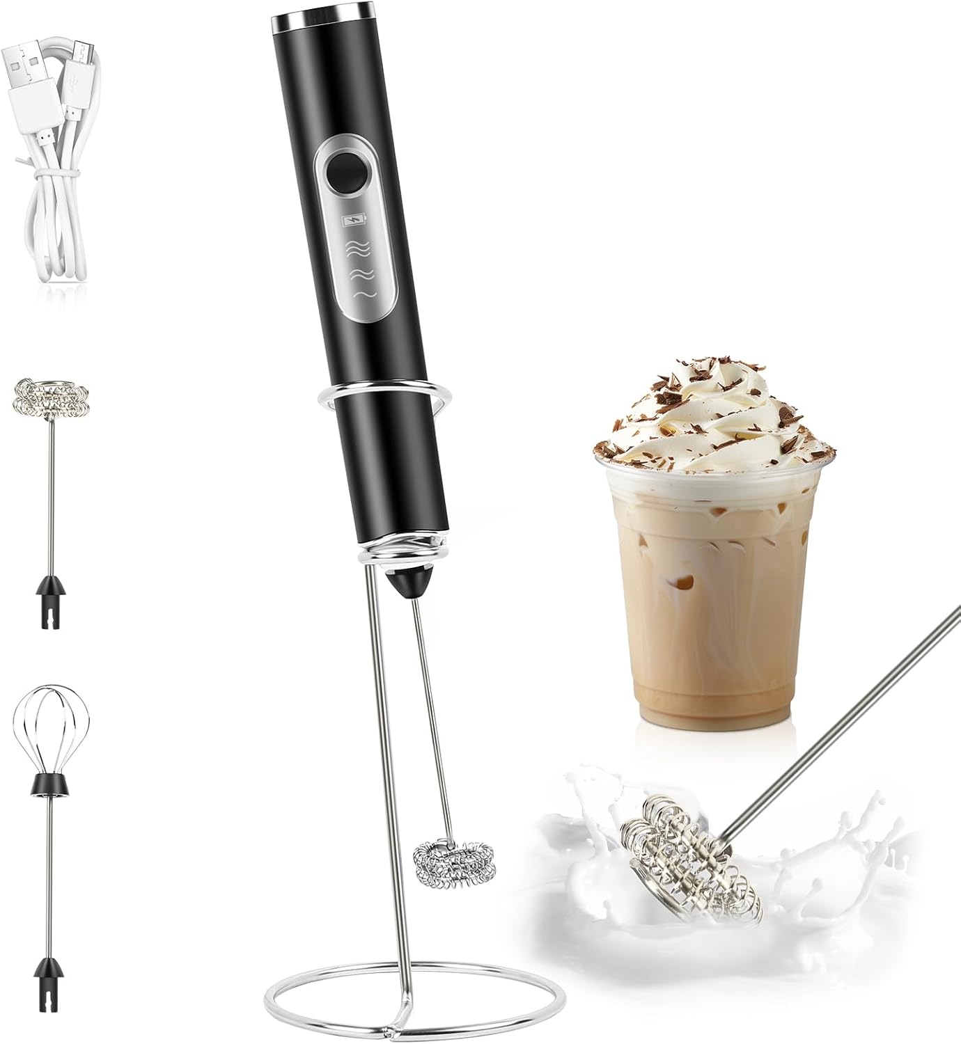 Milk Frother Handheld 2 Speed Adjustable Handheld Electric Foam Maker Milk Frother Handheld Rechargeable Electric Foam Maker with 2 Stainless Whisks For Latte, Cappuccino, Hot Chocolate, Egg