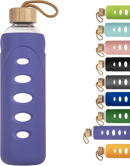 Sport 32oz Glass Water Bottle 1000ml /1 liter Borosilicate Glass Water Bottle Reusable Waterbottle Jugwith Silicone Sleeve and Unique Lid (Purple