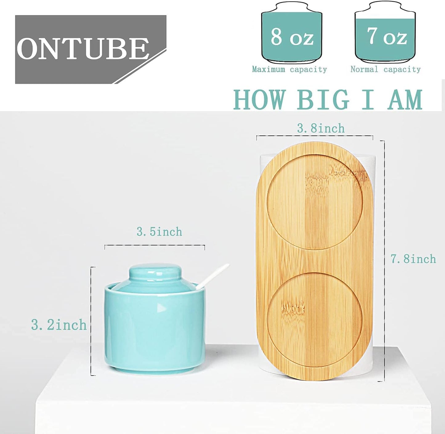 ONTUBE Ceramic Sugar Bowl with Lid and Spoon Set of 2,Porcelain Seasoning Box Salt Bowl with Tray,8oz (Turquoise Blue)