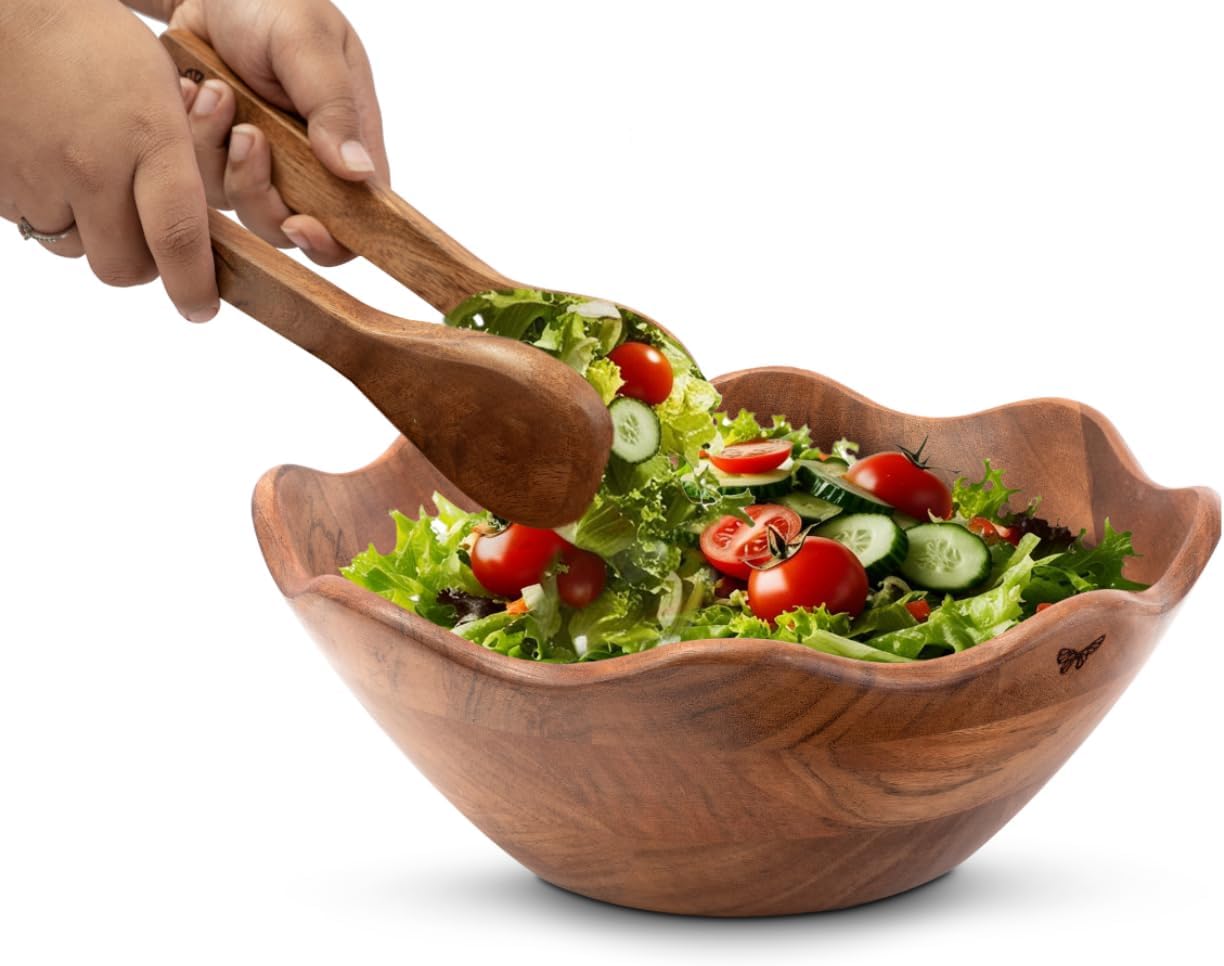 Melvvi Large Wooden Salad Bowl Set with 2 Small Bowls and 2 Serving Utensils | 12" & 6" Acacia Wood Bowls for Food | Great Gift for Kitchen & Dining (Natural Set of 5) (Natural Set of 3)