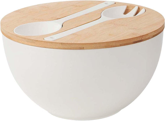 12.6" Extra Large Salad Serving Bowl Set with Wooden Lid&Utensils, 8.4Qt. Bamboo Fiber Salad Bowl with Servers for Kitchen, Lightweight Big Bowl White for Mixing Salad,Fruit,Pasta