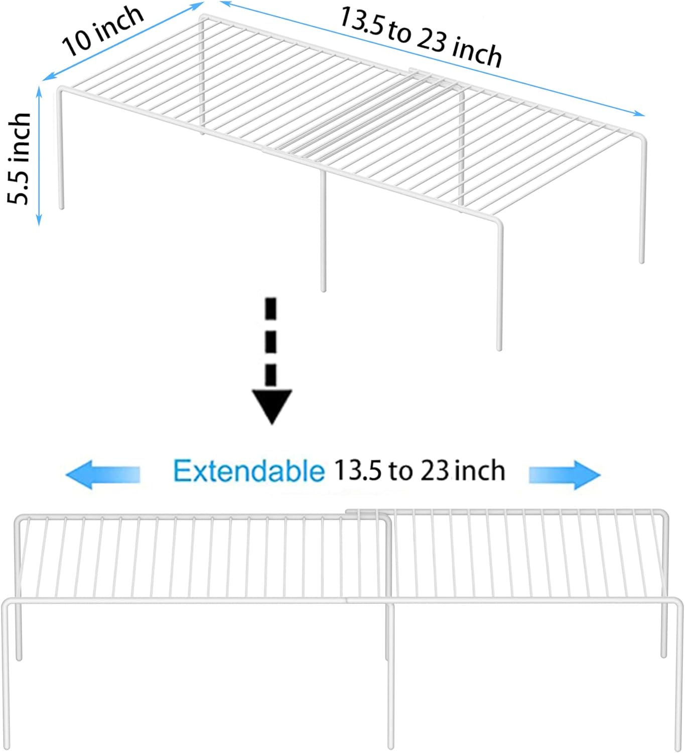 Redrubbit Cabinet Storage Shelf Rack, Expandable Metal Rustproof Kitchen Counter and Cabinet Shelf, Storage Rack Organizer Space Saver for Kitchen, Fridge, Cabinet, Bathroom, White