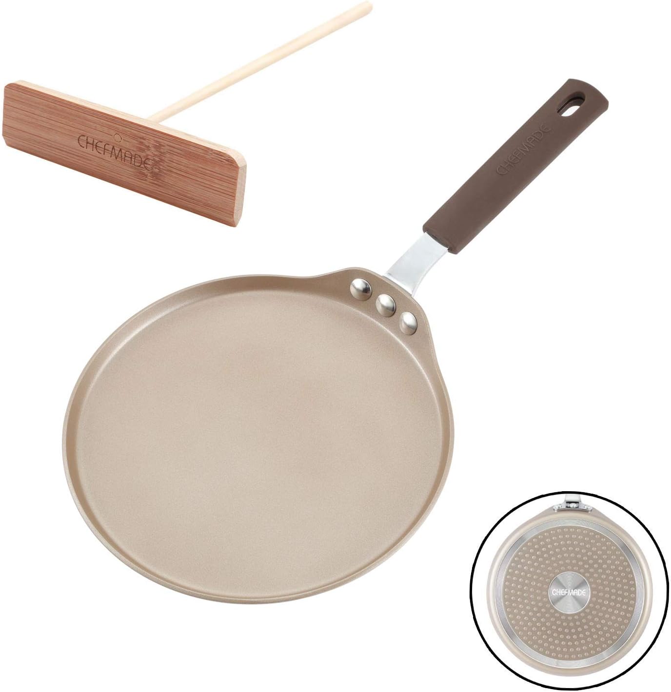 CHEFMADE Crepe Pan with Bamboo Spreader, 8-Inch Non-Stick Pancake Pan with Insulating Silicone Handle for Gas, Induction, Electric Cooker (Champagne Gold)