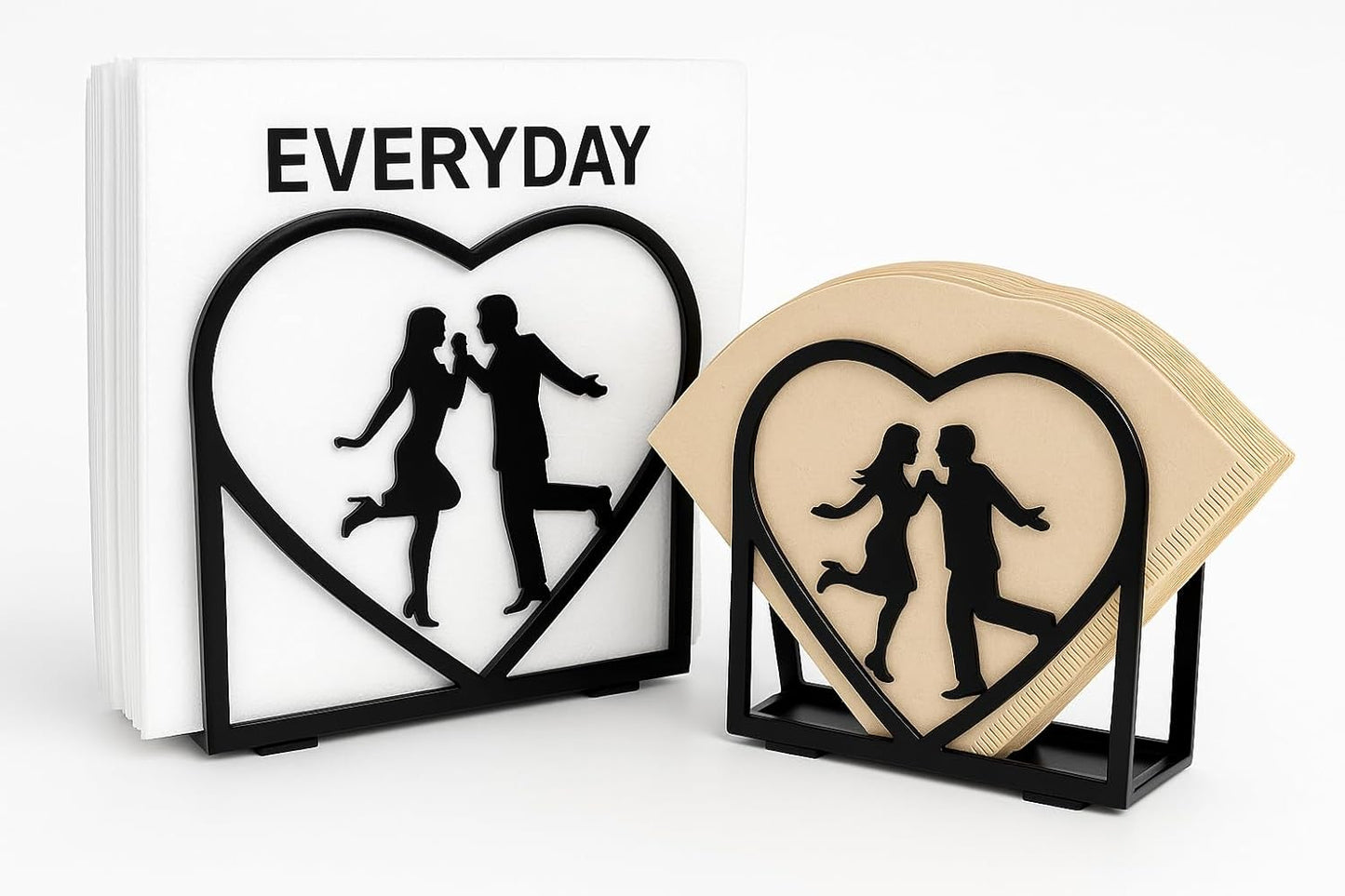 2-Pack Romantic black Napkin Holder for table – Love Theme Metal Napkin Dispenser for Kitchen, Dining Table, Valentine's Day – Fits Everyday & Cocktail Napkins, Coffee Filter Holder for Size #2 & #4