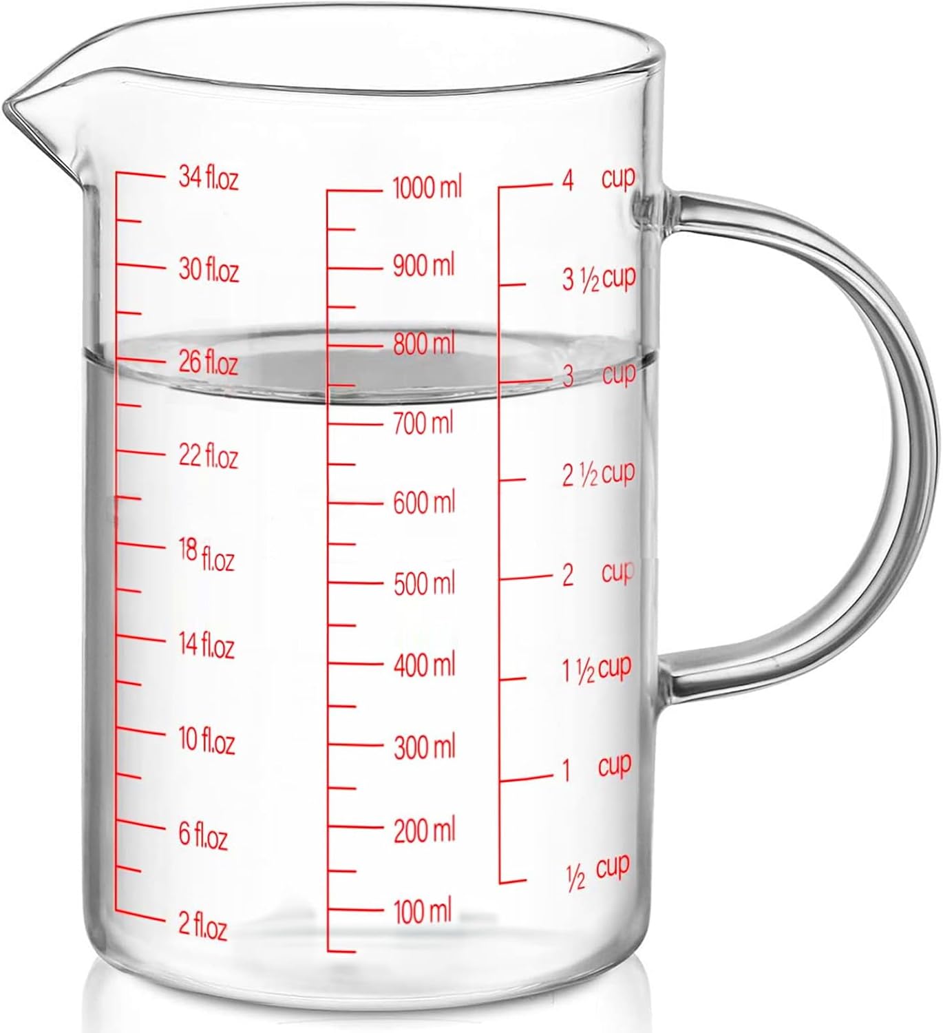 Luvan 34OZ/1000ML Glass Measuring Cup, 4 Cup Glass Measuring Cups With 3 Scales (Ml/Oz/Cup), High Borosilicate Measuring Cup With Handle and V-Shaped Spout, Dishwasher/Freezer/Microwave Safe