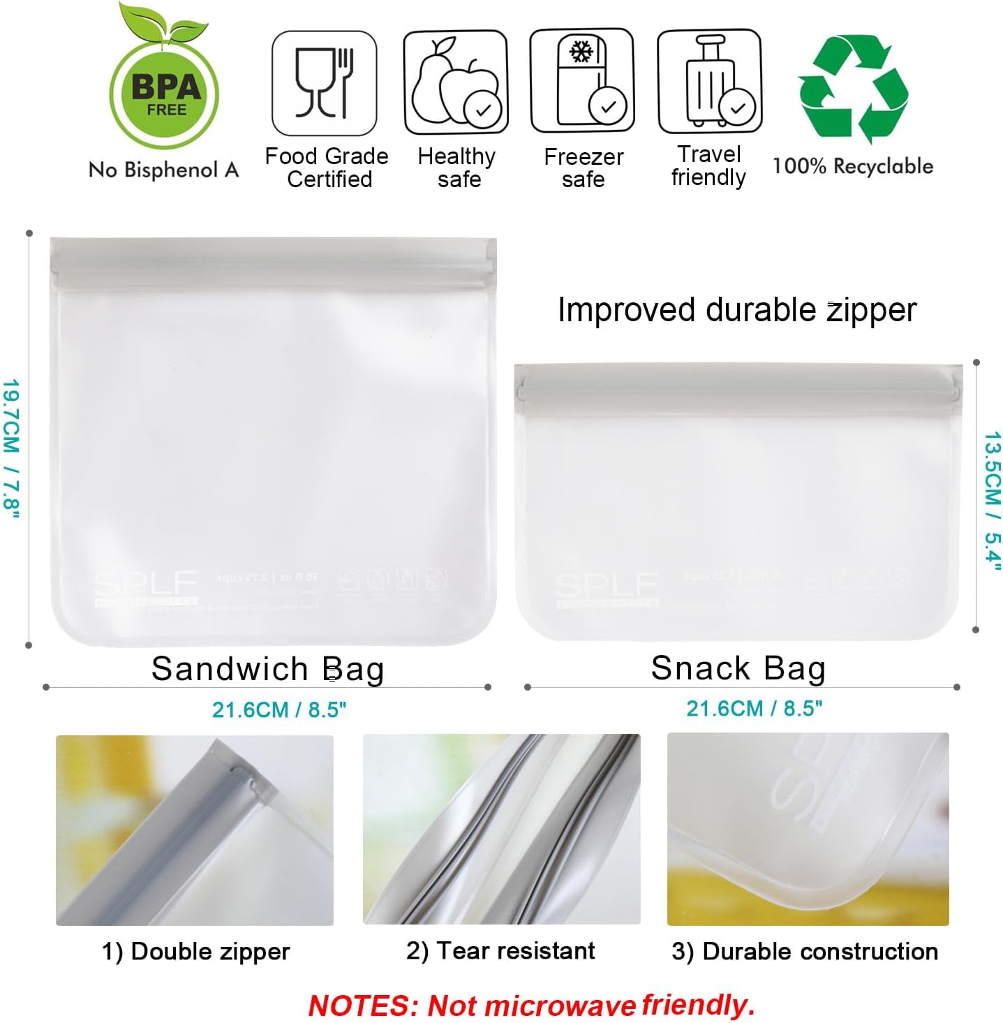 SPLF 10 Pack Reusable Sandwich Bags Dishwasher Safe, Reusable Quart Freezer Bags, Extra Thick Leakproof Food Storage Bags Silicone and Plastic Free for Marinate Meats, Cereal, Lunch, Travel Items Gray
