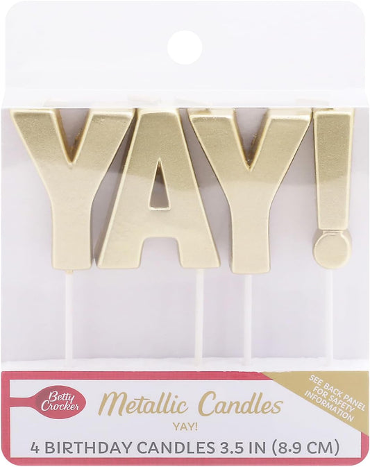Betty Crocker Metallic Yay! Birthday Cake Topper - 4 Gold Metallic Letter Candles for a Fun Celebration - 3.5 Inch Tall