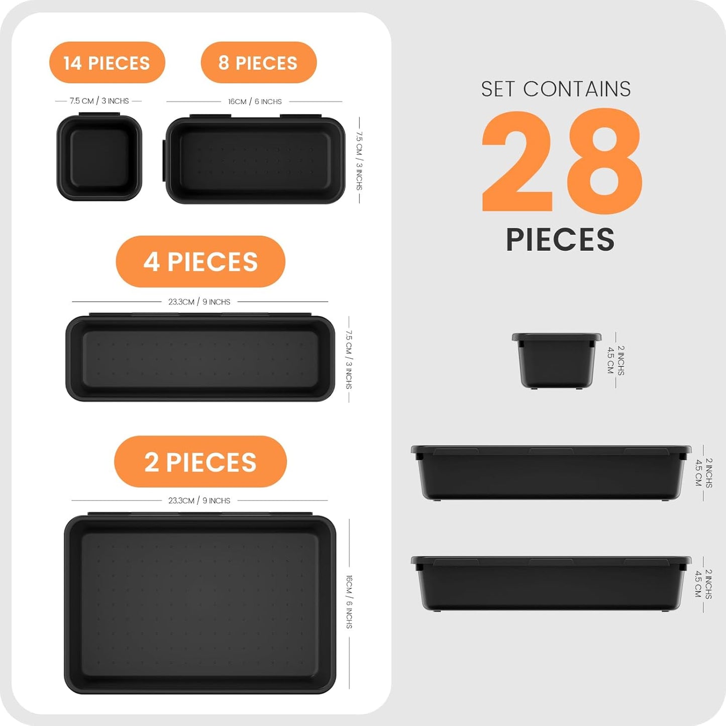 A-LuGei 【28PCS】 Drawer Organizer, Bathroom Organizers and Storage, Makeup organizer, Desk drawer organizer, Storage Bins for Kitchen Office Bedroom Vanity Jewelry Pantry Garage【Black】【4Size】