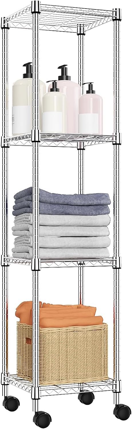 Storage Shelves Adjustable, 4 Tier Shelving Units for Storage with Wheels, Corrosion Resistant Wire Shelving Unit for Kitchen Closet Bathroom Office, Chrome 11.8" D x 11.8" W x 48.1" H