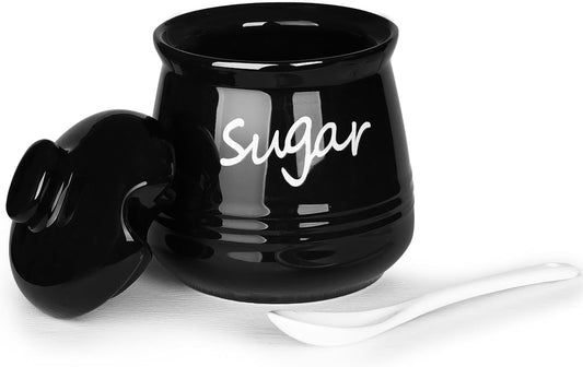 HAOTOP 12oz Sugar Bowl with Lid and Spoon,Ceramic Sugar Jar Sugar Dispenser Sugar Container Coffee Bar Accessories, Kitchen Countertop Canisters, Black