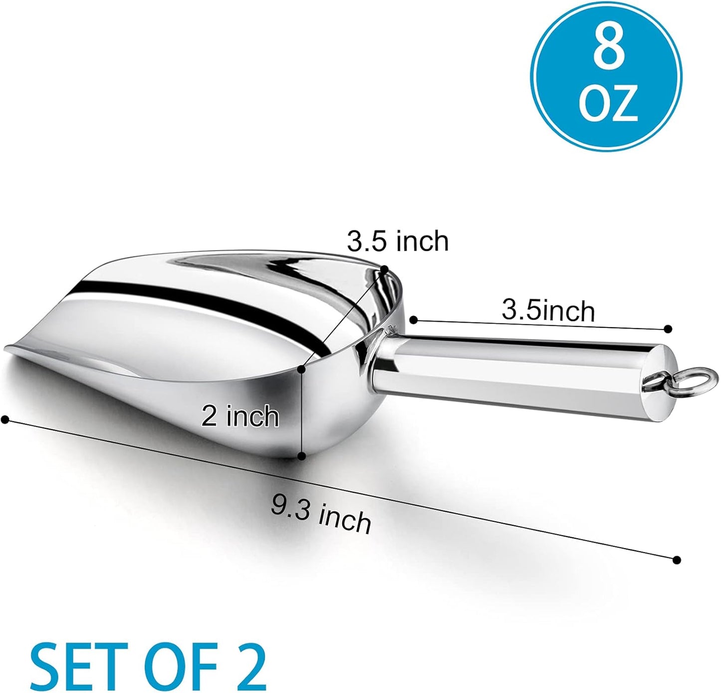 P&P CHEF Food Ice Scoop, Stainless Steel Scoop, Metal Candy Popcorn Flour Utility Scooper for Wedding Party Bar Kitchen Bath, Heavy Duty & Dishwasher Safe, (8oz, 2Pcs)