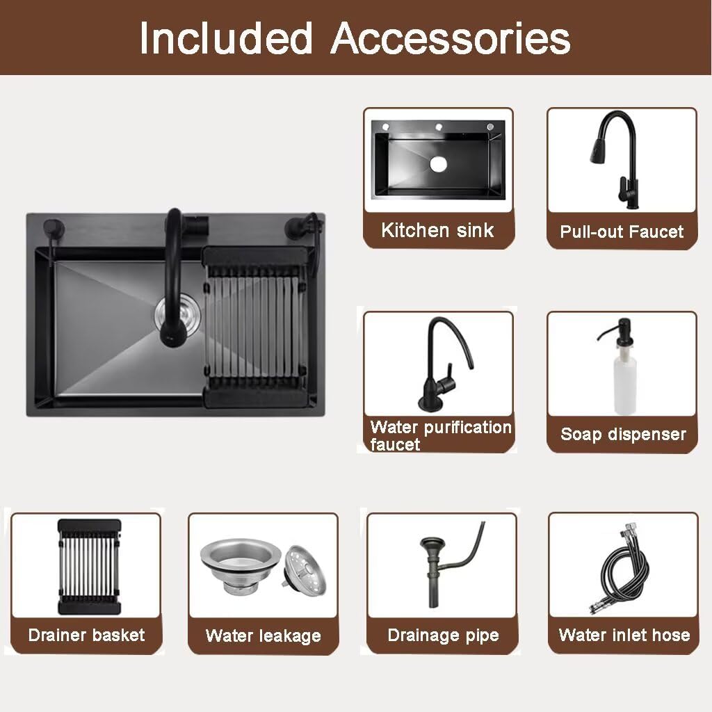 Black Drop in Kitchen Sink, Stainless Steel Single Bowl Sink with 3 Holes, Topmount Workstation Sink, Farmhouse Rectangle Basin with Multiple Accessories (23.6 * 17.7 * 7.9in)