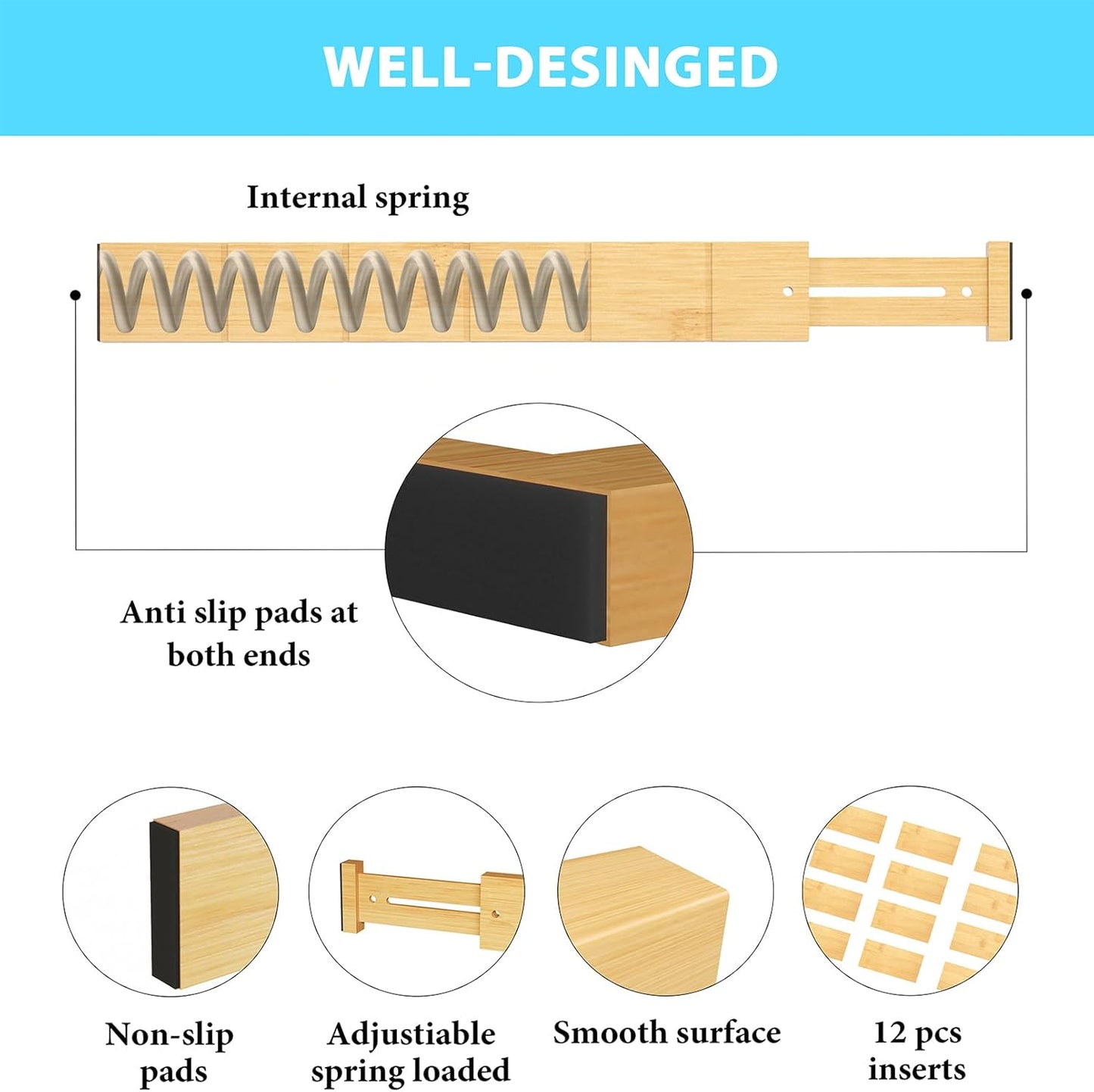 6 Pack Bamboo Drawer Dividers with 12 Inserts, Expandable Adjustable Clothes Drawer Organizers and Storage from 17" to 22" for Kitchen, Bedroom, Dresser, Cosmetics (Natural)