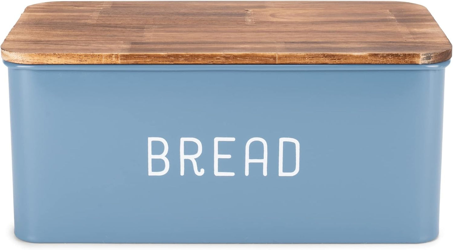 Nat & Jules Matte Blue 12 x 7 Metal Enamel Rubber Wood Lidded Bread Box