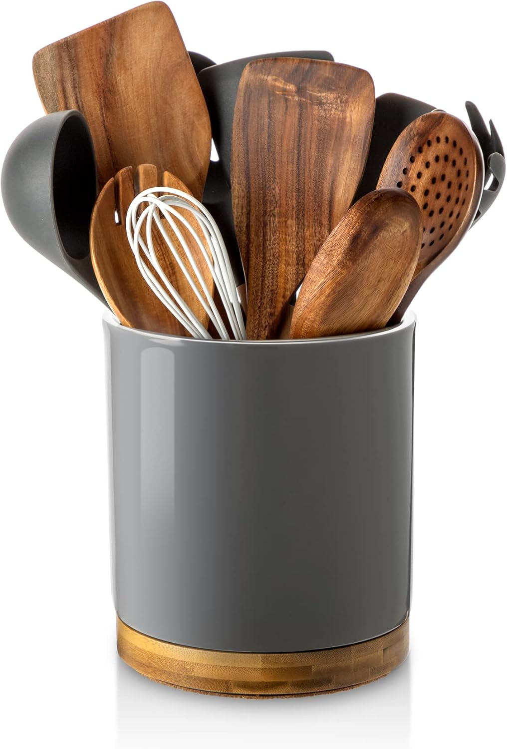 Nucookery 360° Rotating Utensil Holder, 7.2" Large Utensil Crock, White Ceramic Cooking Utensil Organizer with Countertop-Protection Cork Bottom for Farmhouse Kitchen Decor Gift (Gray)