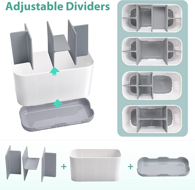 Boperzi Toothbrush and Toothpaste Holder Drainage for Bathroom Countertop with Adjustable Dividers, Large Toothpaste Caddy Organizer Storage Rustic Decor Set Anti-Slip for Shower,Family,Kids Gray