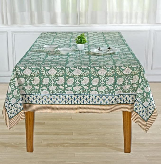 Ridhi Turquoise Moss Green Hand Block Print Cotton Rectangle Tablecloth 108 X 60 inches Reusable Table Cover Decorative Everyday Use for Dining Room, Farmhouse, Home, Party, Festive & Wedding, Fall