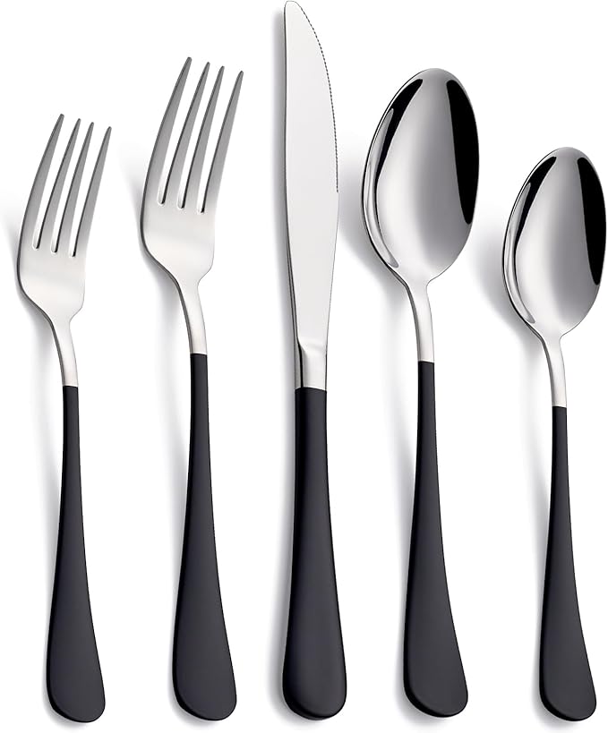 20-Piece Black Silverware Set, 18/0 Stainless Steel Black Handle Flatware Set, Service for 4, Modern Cutlery Set Includes Dinner Knives Forks Spoons, Mirror Polished, Dishwasher Safe