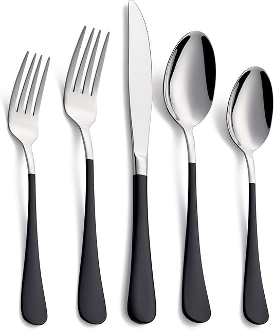20-Piece Black Silverware Set, 18/0 Stainless Steel Black Handle Flatware Set, Service for 4, Modern Cutlery Set Includes Dinner Knives Forks Spoons, Mirror Polished, Dishwasher Safe