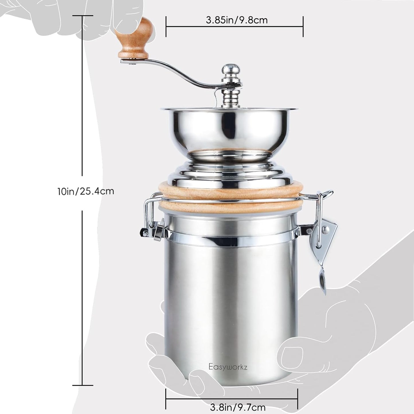 Easyworkz Manual Coffee Grinder - Adjustable Settings, Airtight Canister - Coffee Bean Mill Tool for Kitchen, Hand Crank Coffee Grinder