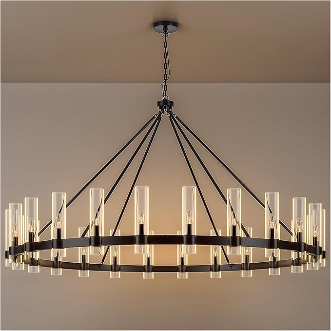 70 Inch Black Wagon Wheel Chandelier with Glass Shade, 24 Lights, Modern Farmhouse Style, Ideal for Dining Room, Kitchen, Entryways