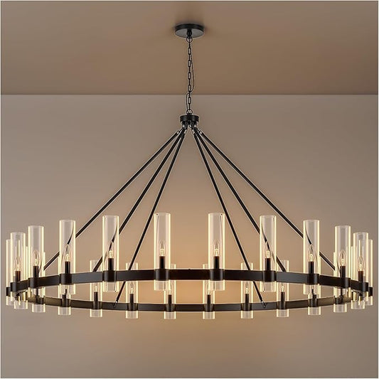 70 Inch Black Wagon Wheel Chandelier with Glass Shade, 24 Lights, Modern Farmhouse Style, Ideal for Dining Room, Kitchen, Entryways