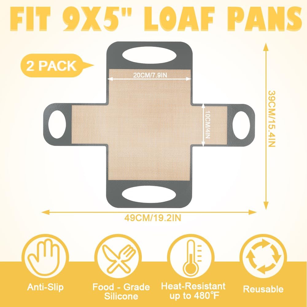 2 Pack Reusable Silicone Bread Loaf Pan Liners, Non-Stick & Easy Clean Baking Mats with 4 Handles for 9x5" Baking Loaf Pans, Baking Accessories for Baking Bread, Cookies