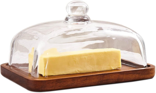butter dish with lid, glass airtight lid keeps butter soft, for countertop and refrigerator. Widened design to fit all butters. Covered butter dishes with, Made of glass and Acacia wood.