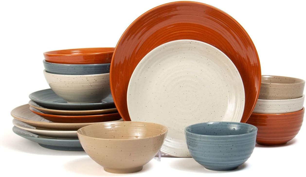 Sango Siterra Painter's Palette 16-Piece Stoneware Dinnerware Set – Service for 4, Multicolor with Unique Flecked Design, Perfect for Everyday Dining & Entertainment, Microwave & Dishwasher Safe