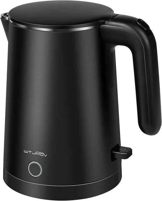 Electric Kettle Stainless Steel, 1.0L Small Water Boiler 1200W Fast Boiling, Double Wall Tea Kettle Pot Automatic Shut Off, Durable Coffee & Tea Maker/Warmer/Heater Black