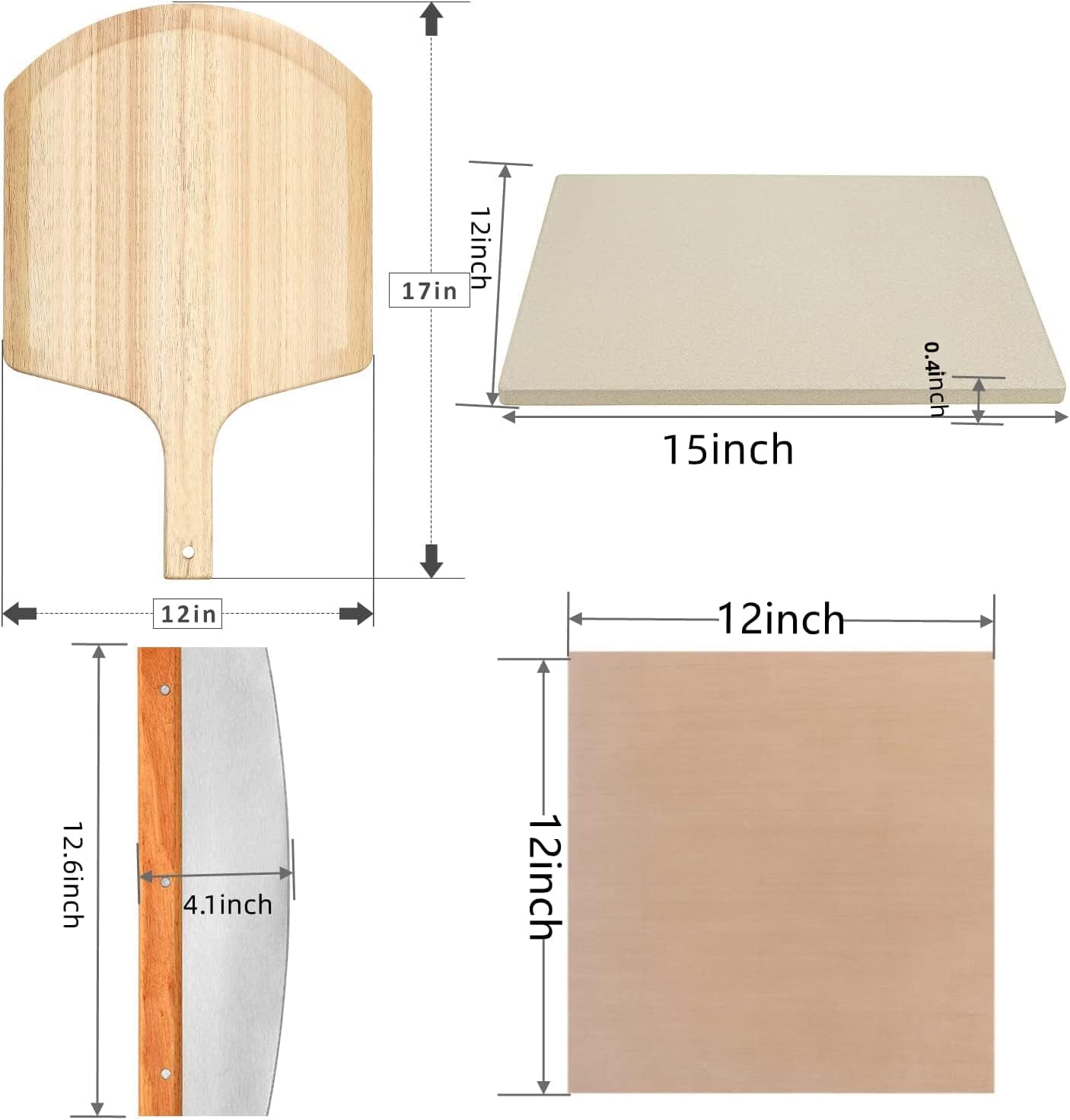 4 PCS Rectangle Pizza Stone Set, 15" Large Pizza Stone for Oven and Grill with Pizza Peel(OAK), Pizza Cutter & 10pcs Cooking Paper for Free, Baking Stone for Pizza, Bread,BBQ