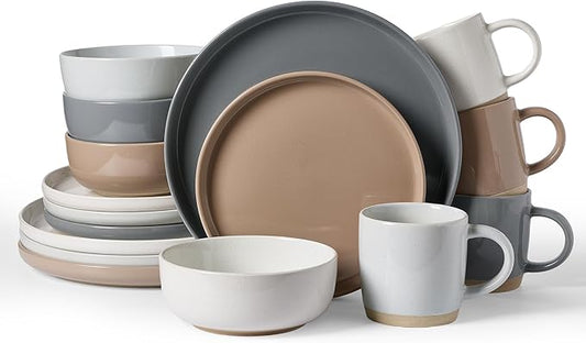 Famiware Milkyway Stoneware Dinnerware Sets with Mugs, Service for 4 (16pcs), Plates and Bowls Sets, Scratch Resistant, Microwave and Dishwasher Safe Dishes Set, Multi-color