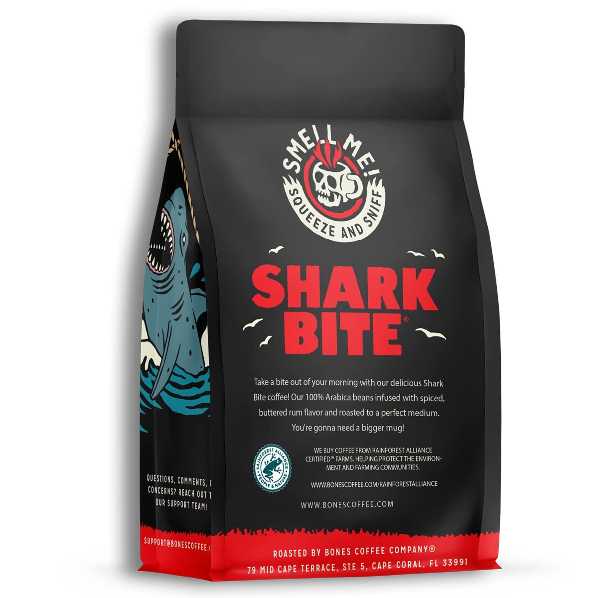 Bones Coffee Company Shark Bite, Buttered Rum Flavored Coffee, Medium Roast Low Acid Arabica Beans Compatible with Auto drip and French Press Coffee Maker, 12 Oz Ground
