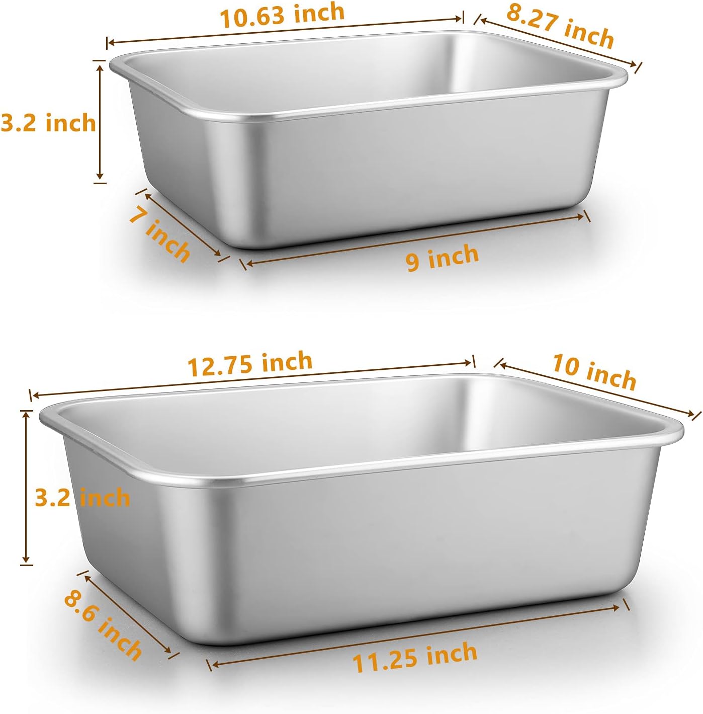 Deep Lasagna Pan Set of 2, E-far Stainless Steel Rectangular Roasting Baking Pans, 12.75 x 10 & 10.6x8.3 Inches Roaster Baking Dish, Non-Toxic & Heavy Duty, Dishwasher Safe