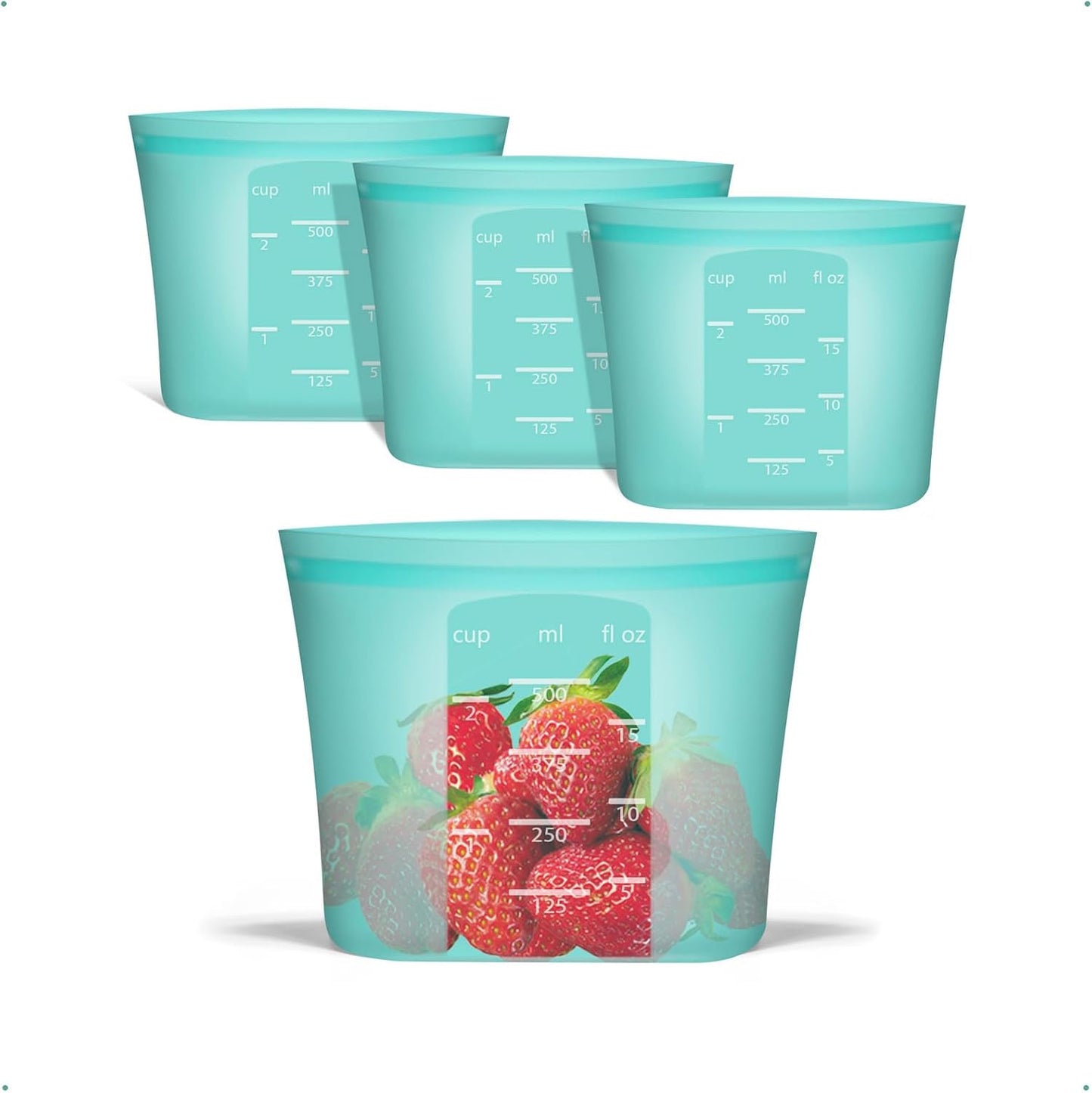 Reusable Snack Bags, 4 Pack, Stand Up 100% Silicone Reusable Storage Bag, Ziplock Silicone Food Storage Containers Snack Size, Freezer Microwave Oven Dishwasher Safe, Aqua, 16oz