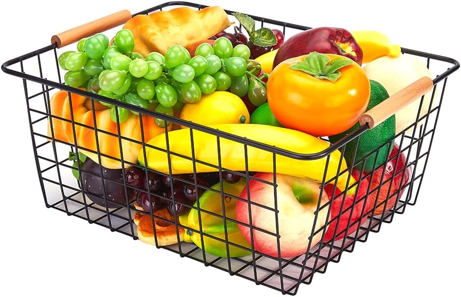 LeleCAT Large black wire baskets with Wooden Handles for storage pantry, Storage Organizer Baskets, Household Refrigerator for Cabinets, Closets, Bedrooms, kitchen - Set of 2（Black）