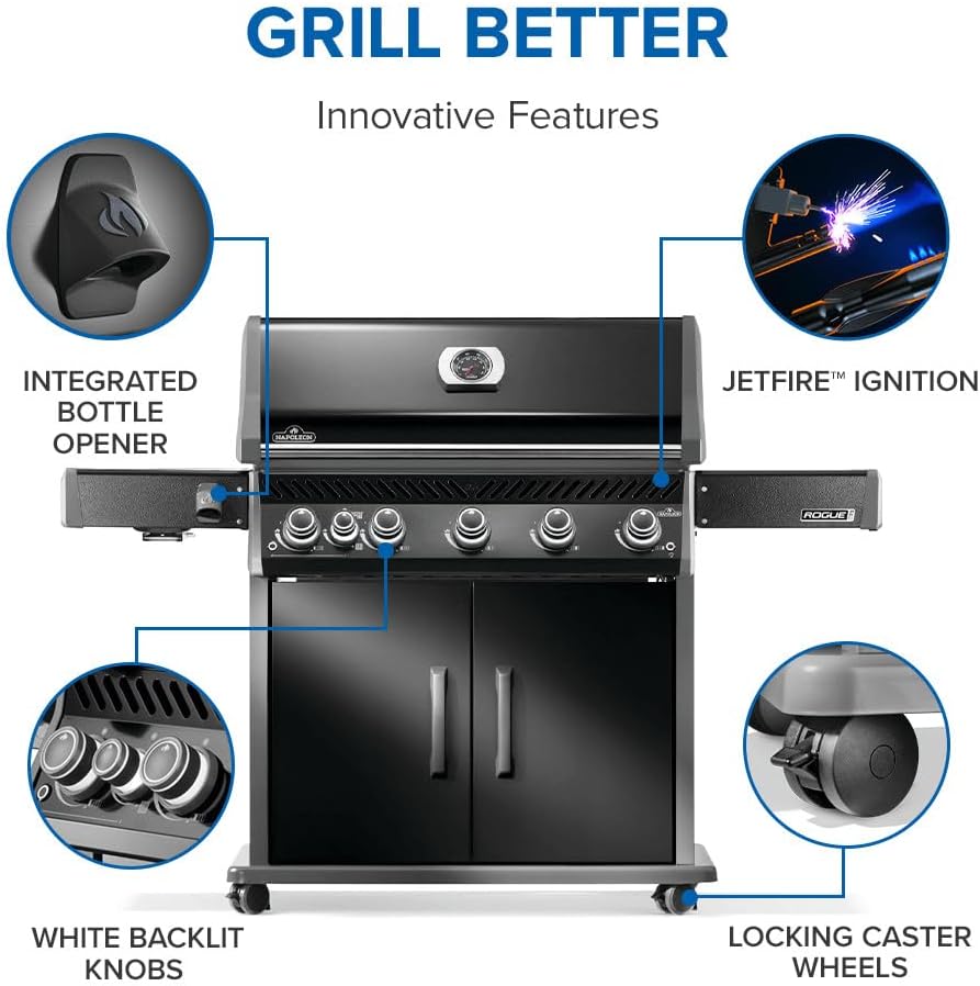 Napoleon Rogue PRO 625 Propane Gas Grill with Infrared Side Burner, Black, Durable 6-Burner Backyard Grill