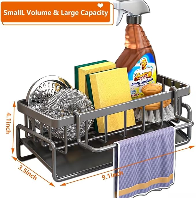 CIT ZCFY Kitchen Sink Caddy Organizers - Stainless Steel Sink Caddy with 30 Tilt Self-Drainage, Dish Brush Holder & Removable Dishcloth Rack - Gray
