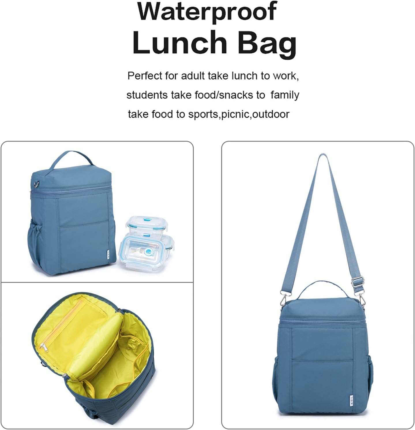 NOL Natural Organic Lifestyle Insulated Lunch Bags for Women Cooler Bag Lightweight Nylon Waterproof Lunch Box For Work (Dusty blue, Large)