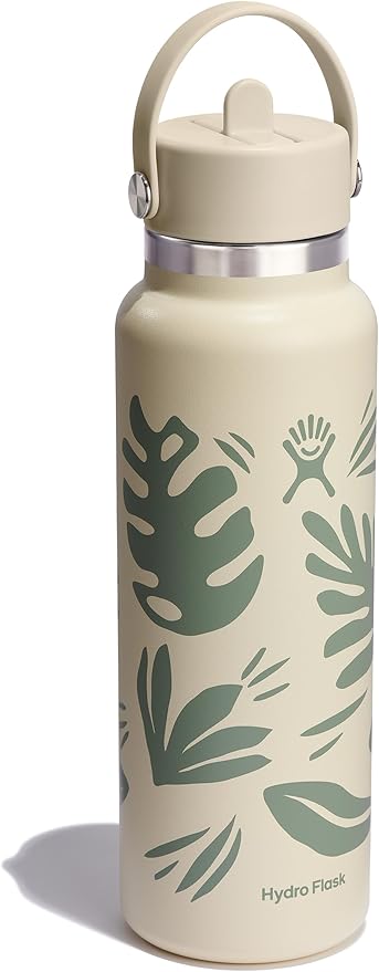 Hydro Flask Water Bottle - Insulated Stainless Steel - Wide Mouth Flex Straw Lid, Non Spill, Leakproof and Refillable in 40 Oz Botanical Bliss Coconut