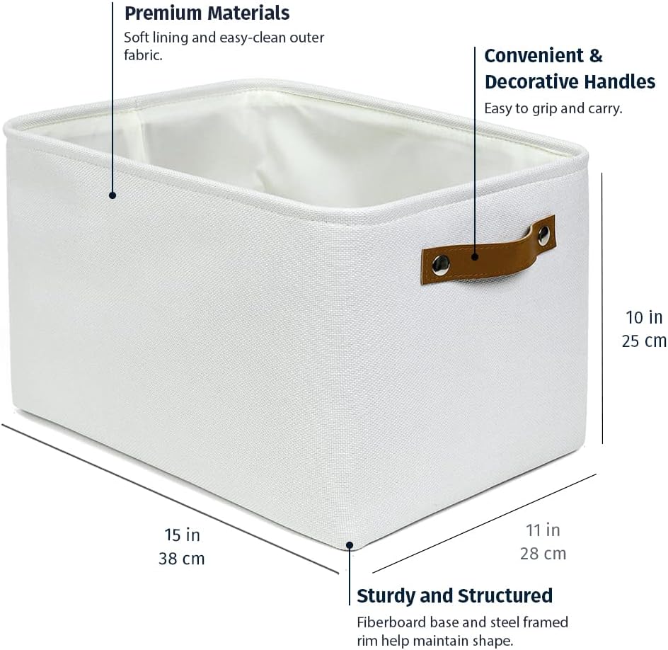 OrganiHaus Large Fabric Storage Baskets for Shelves 3 Pack | 15x11 inches Closet Bins Cloth Cubes Linen Organizers Basket - White Basket