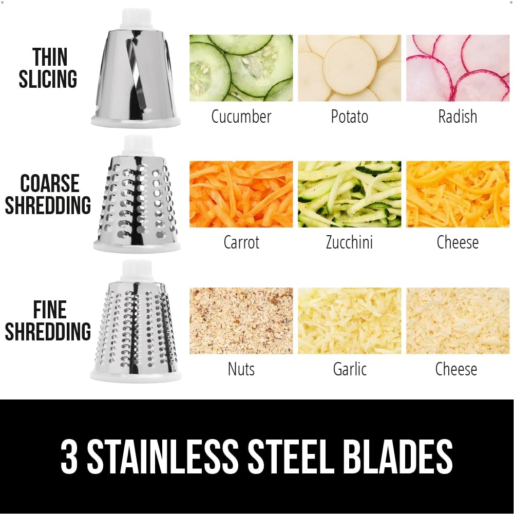 GORILLA GRIP BPA-Free Rotary Cheese Grater Hand Crank, Easy to Set Up, Strong Suction Base for Kitchen Countertop, Shred Potato, Vegetable, Nuts in Seconds, Round Mandoline Slicer, 3 Blades, Turquoise