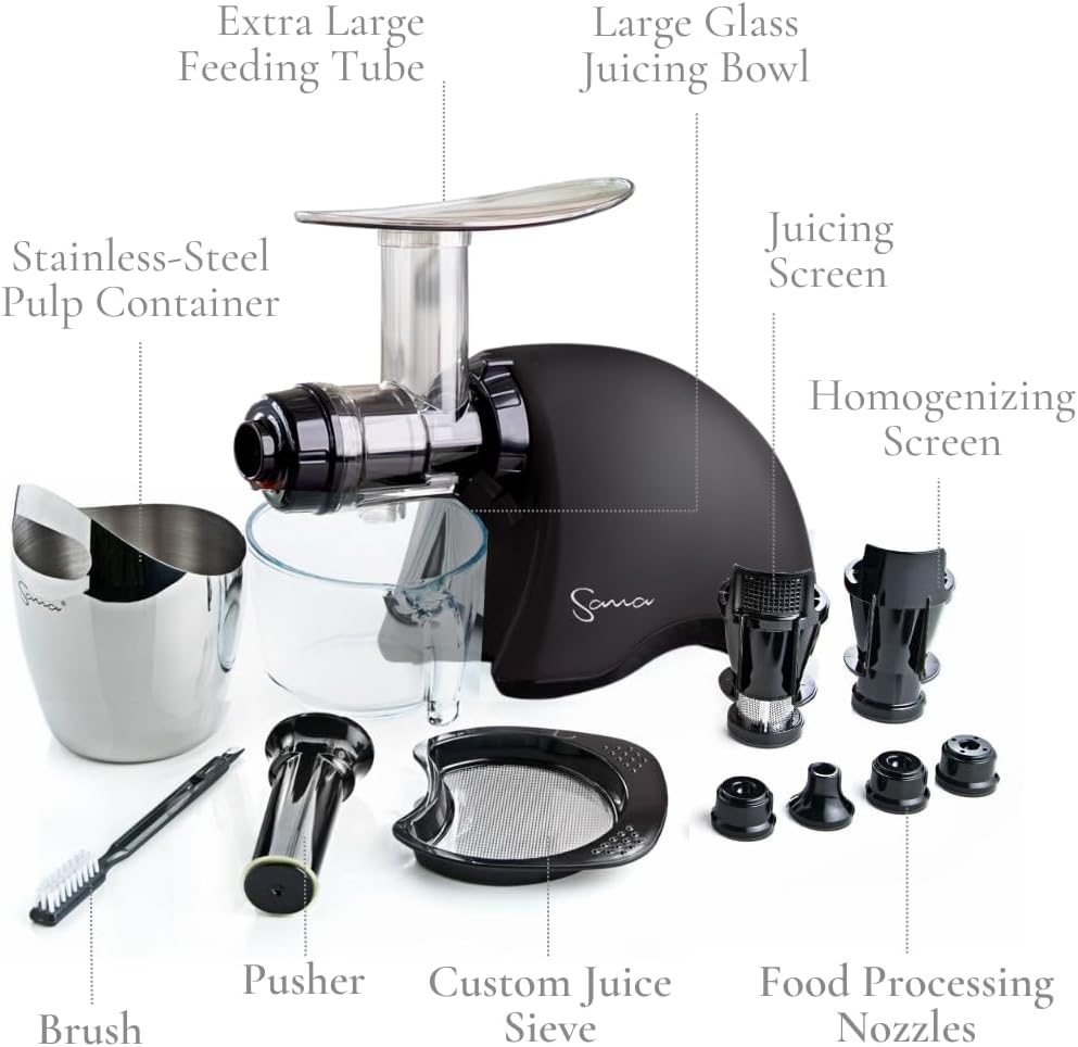 Cold Press SANA 707 Classic Horizontal Single Auger Low Speed Juicer | Easy Clean, Powerful, Auto Feed, Celery Attachment, Frozen Desserts, Pasta Extrusion, 15 Year Warranty, Black
