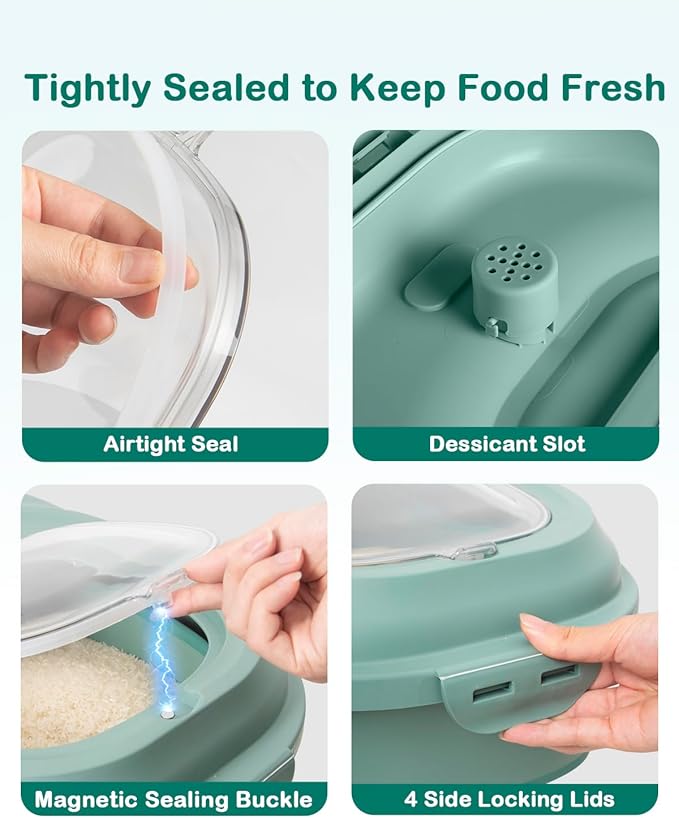 20-50 Lbs Food Storage Containers,Collapsible Rice Container with Wheel Airtight Locking Lid,Flour Storage Container with Small Food Jar and Scoop,Suitable for Food,Rice,Pet Food,Flour