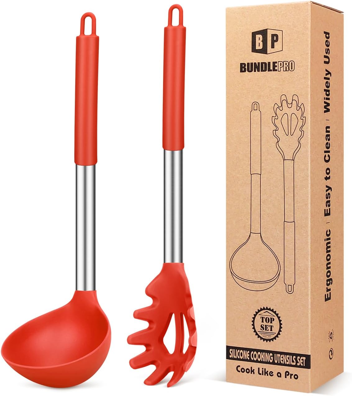 Silicone Pasta Fork and Ladle Spoon Set, Large Non Stick Kitchen Utensils for Cooking,Stirring,Serving Spaghetti, Soup, Sauce (RED)